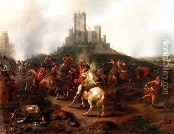 A cavalry skirmish before a fortress Oil Painting - Jan van Huchtenberg