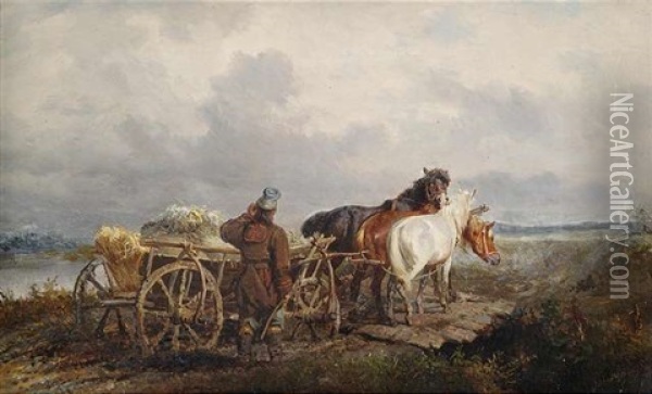 Bauer Mit Erntewagen Auf Dem Heimweg Oil Painting - Jozef Jaroszynski