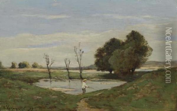 River Landscape With Boy Fishing. Oil Painting - Henri-Joseph Harpignies