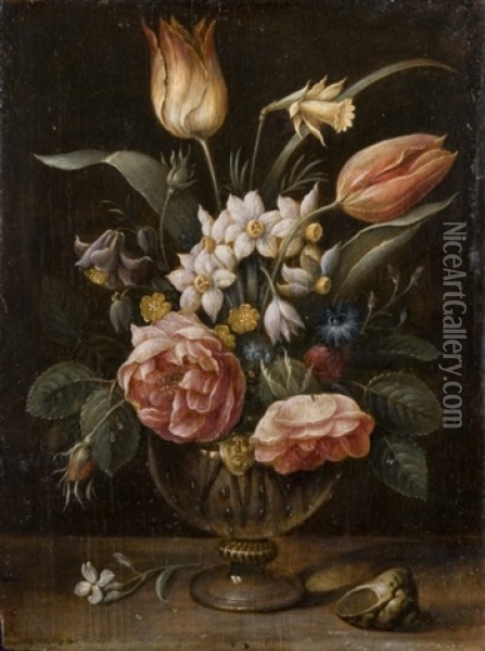 Rose, Tulipani, Fiordalisi E Altri Fiori In Un Vaso Di Vetro Su Un Tavolo Oil Painting - Jan van Kessel the Elder