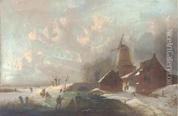 Figures on a frozen waterway Oil Painting - Andreas Schelfhout