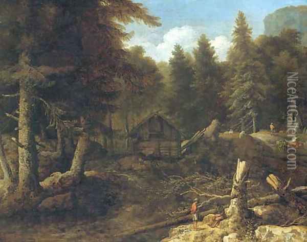An extensive wooded landscape with woodmen in the foreground Oil Painting - Allaert van Everdingen