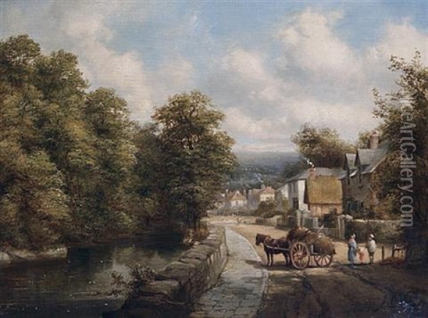A Village Scene (+ A Horse And Cart Before Cottages; Pair) Oil Painting - Alfred Gomersal Vickers
