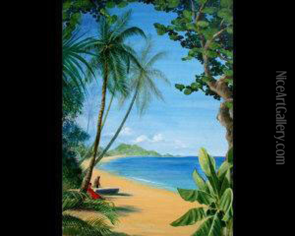 Caribbean Beach Scene And A Tropical Colonial House And Garden Oil Painting - William Wood Deane