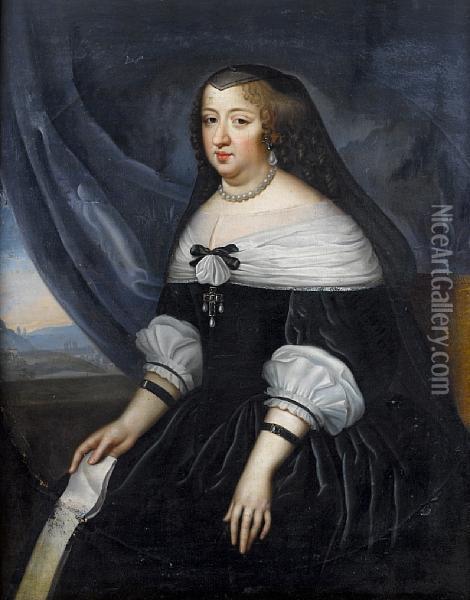 Portrait Of Ann Of Austria,three-quarter-length, In Black Costume, Holding A Letter And Seatedbefore A Grey Curtain, A View To A Landscape Beyond Oil Painting - Henri Beaubrun