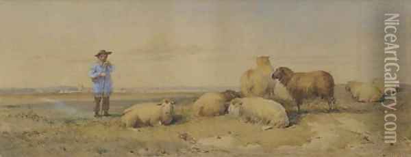A young shepherd boy with his flock at Barking, Essex (illustrated) Oil Painting - Thomas Francis Wainewright