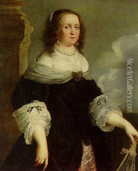 Portrait Of A Lady, Wearing A Black Dress With Lace Collar And Sleeves, Holding A Fan Oil Painting - Bartholomeus Van Der Helst