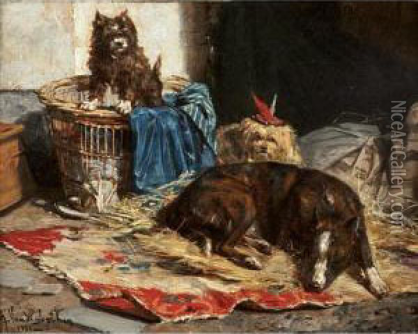 Dogs At Rest Oil Painting - Charles van den Eycken
