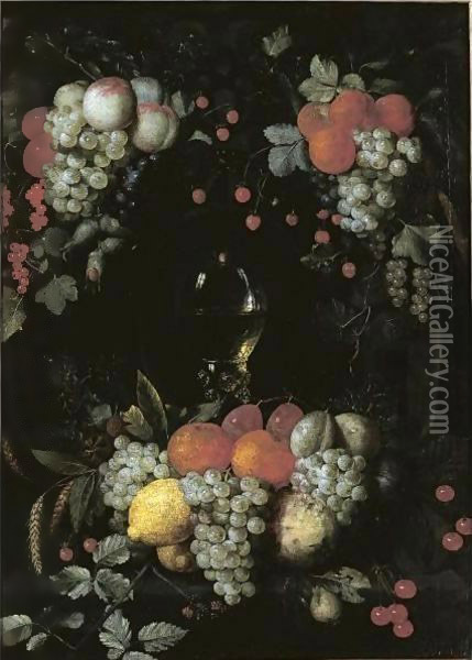 A Still Life With A Roemer, Oranges, Grapes, Plums, Lemons And Other Fruit In A Niche Surrounded By Garlands Of Fruit Oil Painting - Jan Pauwel Gillemans The Elder