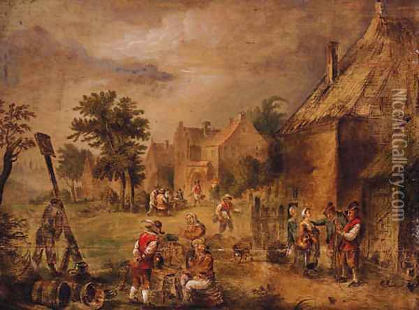 Peasants outside an inn in a village Oil Painting - Theobald Michau