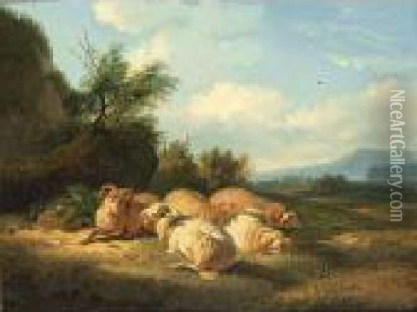Sheep And A Ram Resting In A Landscape Oil Painting - Balthasar Paul Ommeganck