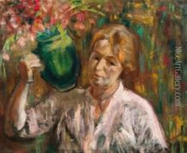 Portrait De Femme Avec Un Bouquet Oil Painting - Abraham Weinbaum