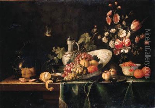 Grapes, Lemons And An Orange In A
 Wan-li Dish, Fraises-des-bois Ina Klapmuts, Peaches And A Peeled Lemon,
 An Oyster And A Prawn Onpewter Plates, A Bun, A Berkemeyer, Oranges, A 
Salt Cellar, Anearthenware Jug And Flowers In A Vase On A Draped Table,  Oil Painting - Pseudo Simons