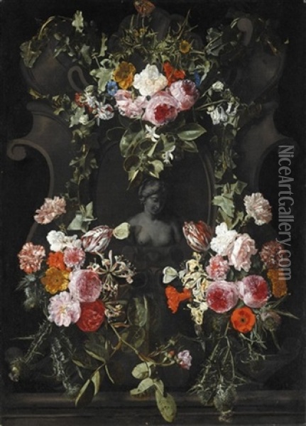 A Female Stone Bust Set In A Stone Cartouche, Surrounded By A Garland Of Flowers Including Roses, Parrot Tulips, A Poppy And Thistles Oil Painting - Christiaan Luycks
