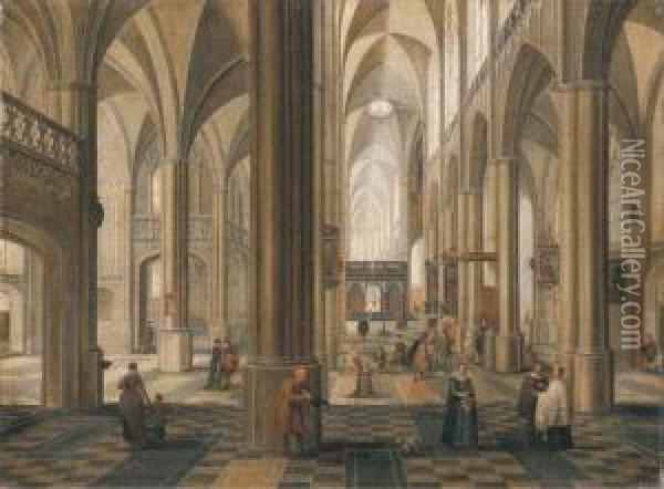 The Interior Of A Cathedral With Elegant Company, A Service Inprogress In A Side Altar Oil Painting - Pieter Neefs The Elder, Frans The Younger Francken