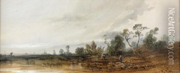 Flussuferpartie Mit Spazierenden Frauen. Oil Painting - Hippolyte Gabriel Lebas