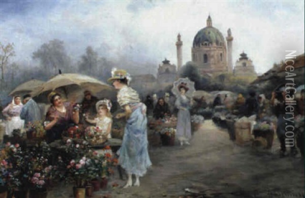 Blumenstandeln Am Naschmarkt Oil Painting - Emil Barbarini
