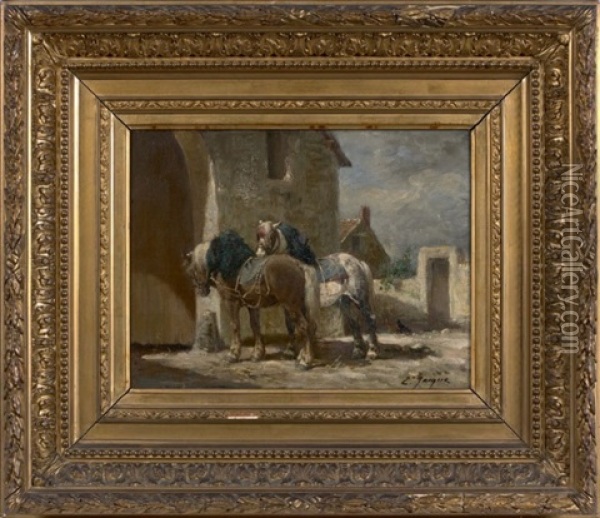 Deux Chevaux Devant La Porte Cochere Oil Painting - Charles Emile Jacque