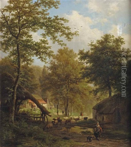 Boomrijk Landschap Met Boerewoningen: A Wooded Landscape With Shepherds Oil Painting - Barend Cornelis Koekkoek