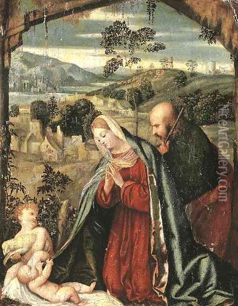 The Holy Family in a landscape Oil Painting - Francesco Prata Da Caravaggio