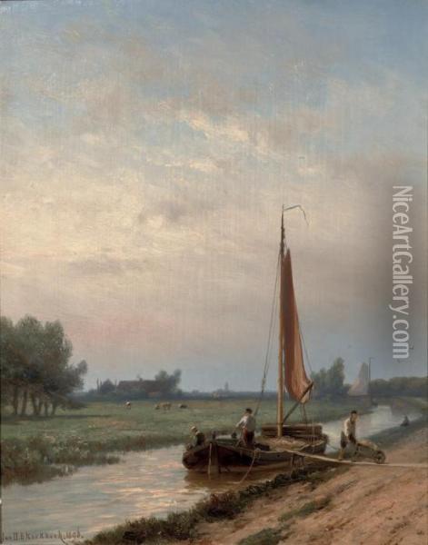 Unloading A Barge On The Gooische Vaart, Hilversum Oil Painting - Johannes Hermann Barend Koekkoek