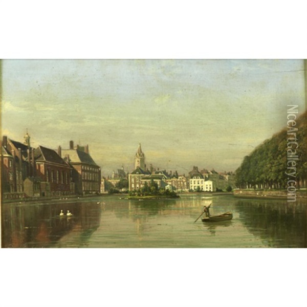 View Of The Hofvijver, The Hague Oil Painting - Johannes Joseph Destree