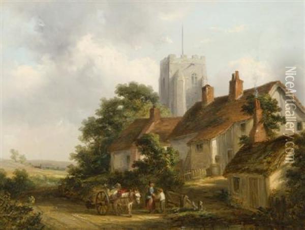Figures With Donkey Cart Before Cottages And Church Oil Painting - Thomas Smythe