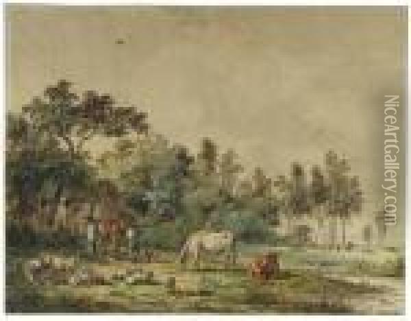 A Wooded Landscape With Peasants And Cattle By A Farm Oil Painting - Pieter Gerardus Van Os