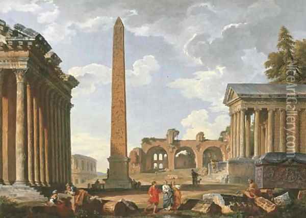 A Capriccio of classical ruins Oil Painting - Giovanni Paolo Panini