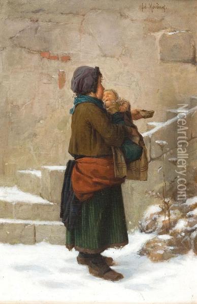 Mendiante Et Enfants Dans La Neige Oil Painting - Antoine Edouard Joseph Moulinet