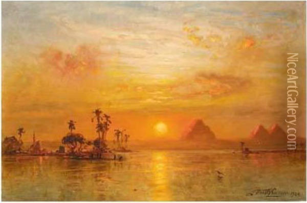 Sunset Over The Pyramids Oil Painting - Ernst Carl Eugen Koerner