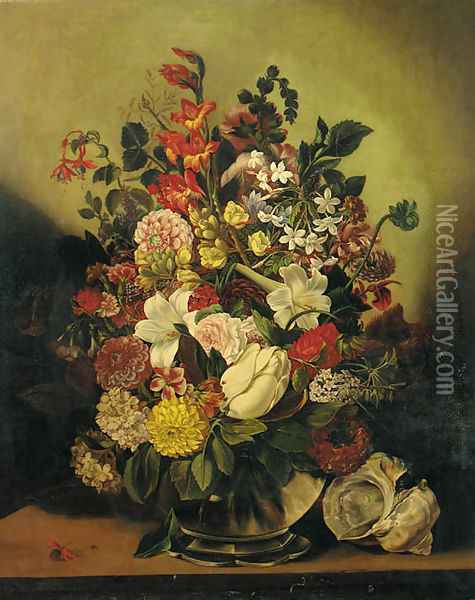 Summer flowers in a glass vase on a table Oil Painting - French School