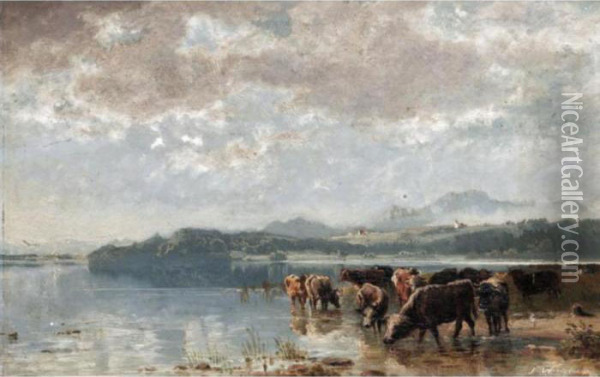 The Herd Watering Oil Painting - Joseph Wenglein