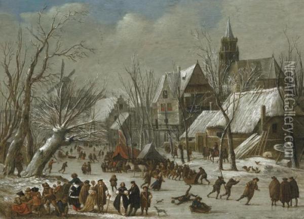 A Winter Landscape With Figures On A Frozen Canal Oil Painting - Gerrit Van Battem