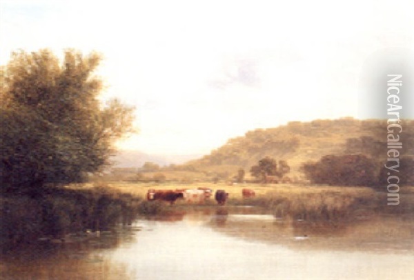 Cattle Watering In A Tranquil River Oil Painting - George Cole