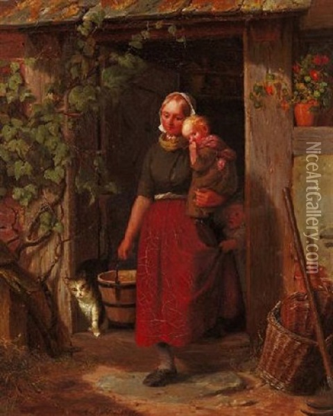 Junge Bauerin Mit Ihren Kindern An Der Eingangstur Oil Painting - Adolf Heinrich Richter
