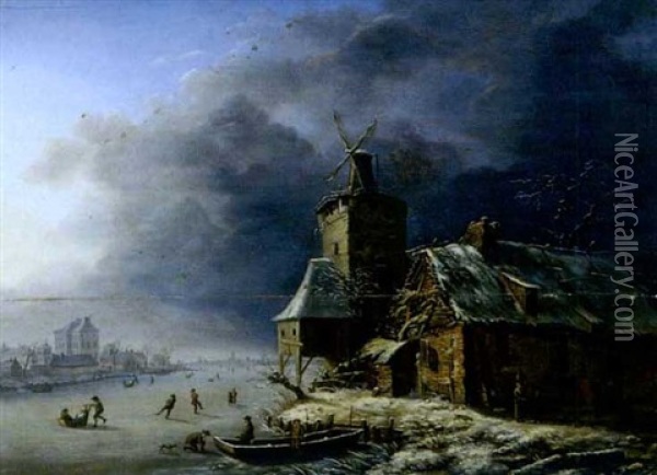 Paysage D'hiver Au Moulin Oil Painting - Henri Voordecker