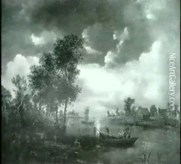Moonlit River Scene Oil Painting - Aert van der Neer