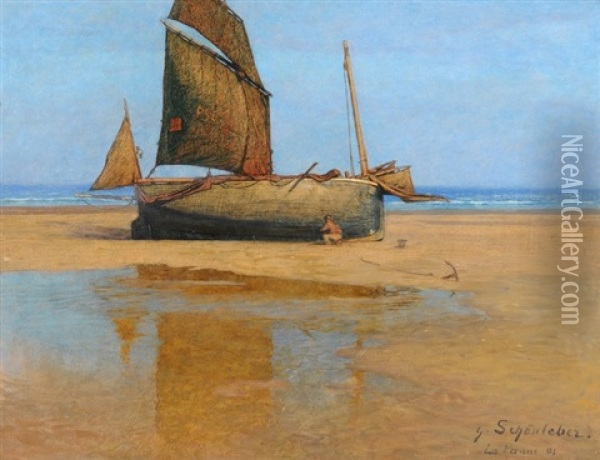 Segelschiff Am Strand Oil Painting - Gustav Schoenleber