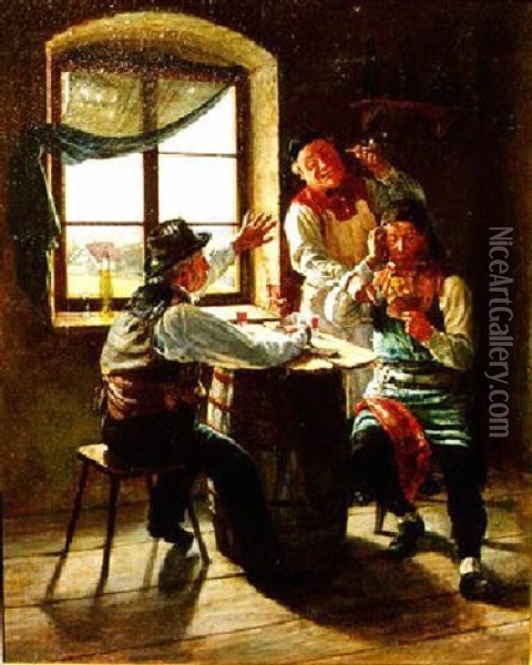 Interior Of A Tavern Scene And Three Men In Card Scene Oil Painting - Hugo Wilhelm Kauffmann