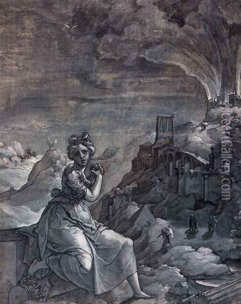 Woman Lamenting by a Burning City 1550-55 Oil Painting - Jan Swart Van Groningen