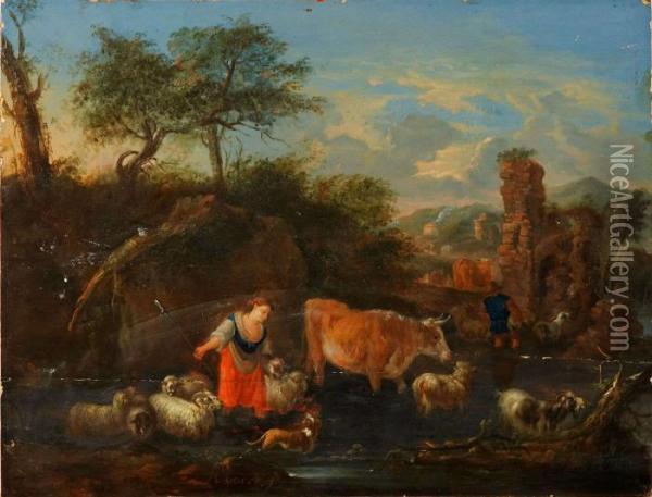 Pastoraltlandskap Med Herde Och Herdinna Oil Painting - Michiel Carre