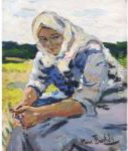 A Dutch Fisherwoman Seated In A Landscape Oil Painting - Hans Von Bartels