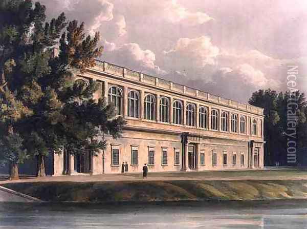 Exterior of Trinity Library from St. Johns Gardens, Cambridge, from The History of Cambridge, engraved by Joseph Constantine Stadler (fl.1780-1812), pub. by R. Ackermann, 1815 Oil Painting - William Westall