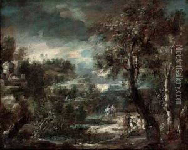 A Wooded River Landscape With Soldiers In Armour Resting Oil Painting - Antonio, Tonino Stom