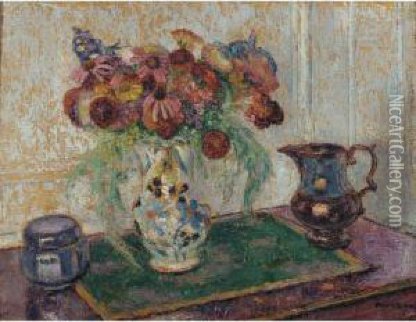 Bouquet Au Tapis Vert Oil Painting - Georges Morren