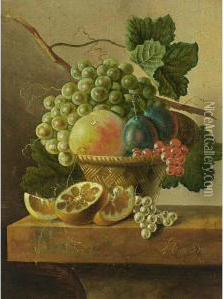 A Still Life Of Grapes, A Peach,
 Prunes And Red Currants In A Basket, Together With An Orange And White 
Currants On A Marble Ledge Oil Painting - Cornelis Johannes De Bruyn