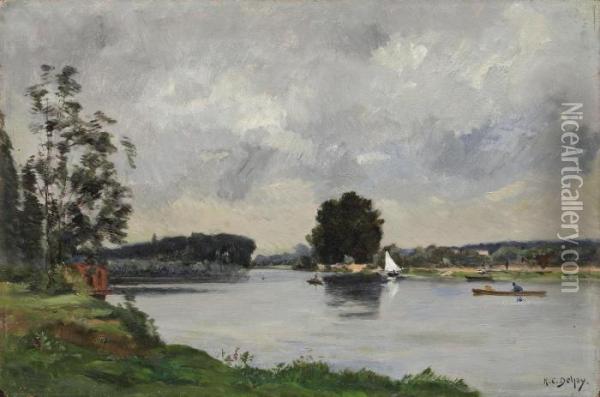 Flusslandschaft Mit Booten Oil Painting - Hippolyte Camille Delpy
