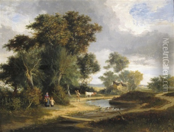 A Family In A River Landscape Oil Painting - George Vincent