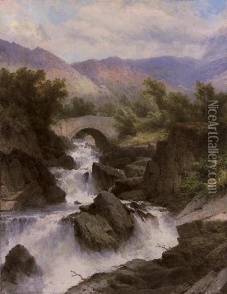A Waterfall In A Mountainous Landscape Oil Painting - George Law Beetholme